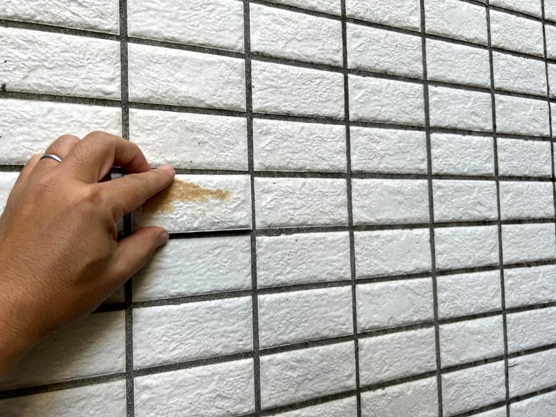 現場で既存タイルを手に取り、質感や色合いを確認する様子